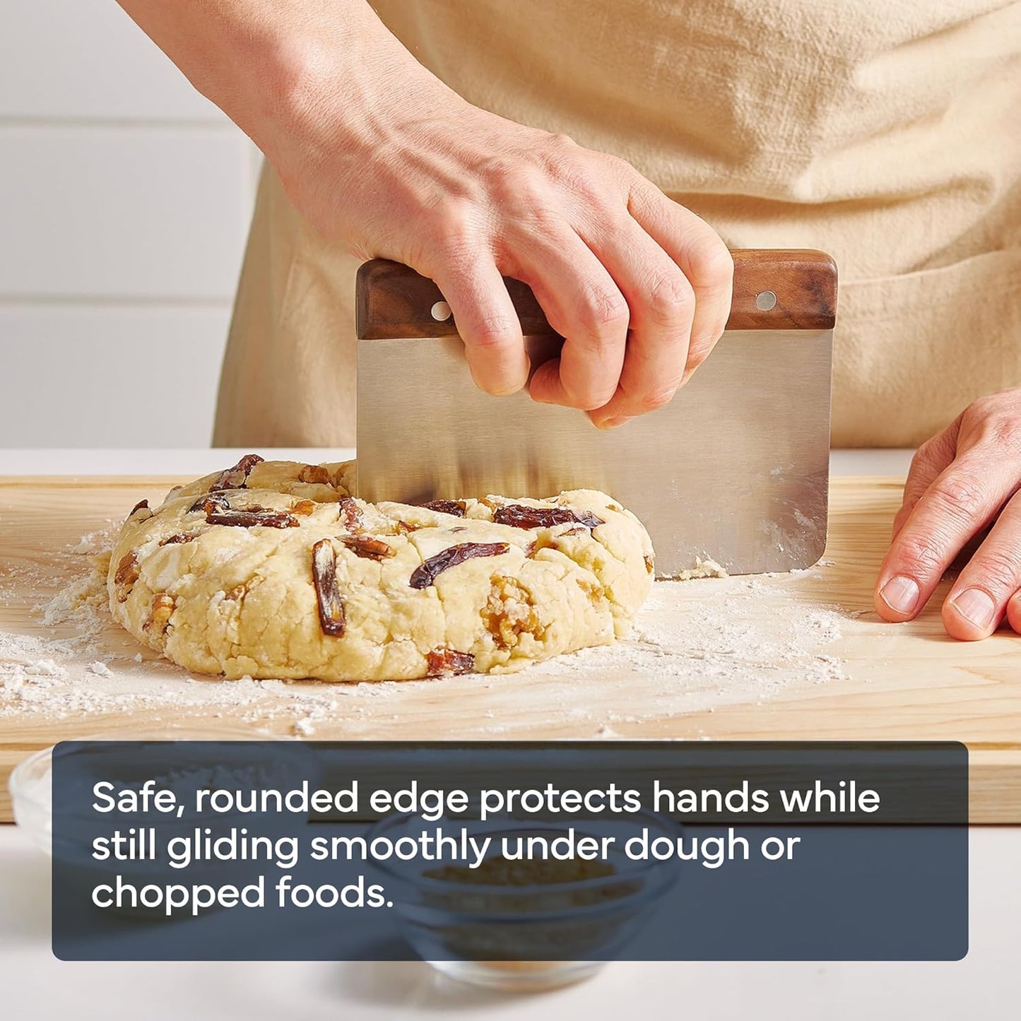 Stainless Steel Bench Scraper - Versatile Food Scraper with Walnut Handle - Ideal for Kitchen, Pastry & Dough - Durable Cutting Board Scraper Tool - Effortless Transfer into Pots & Pans -Walnut