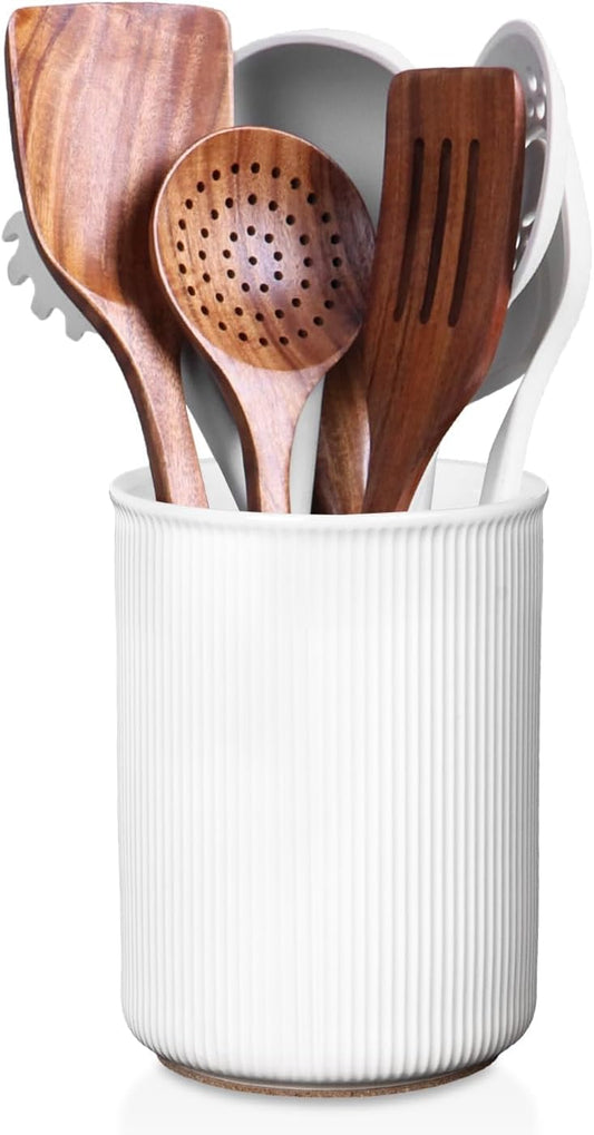 6.7" Utensil Holder, Ceramic Kitchen Utensil Holder with Cork Bottom, Large Utensil Crock for Countertop, Vintage Cooking Tool Organizer Set for Kitchen Counter Decor(White)