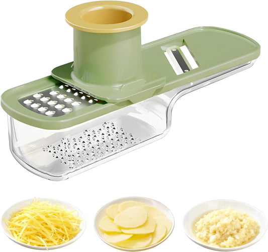 Mini Garlic Slicer,Functional Mandoline Slicers,Veggie Shredder,3 in 1 Ginger Garlic Grater with Hand Guard, Grinder Vegetable Mandoline Cutter with Container (Green)