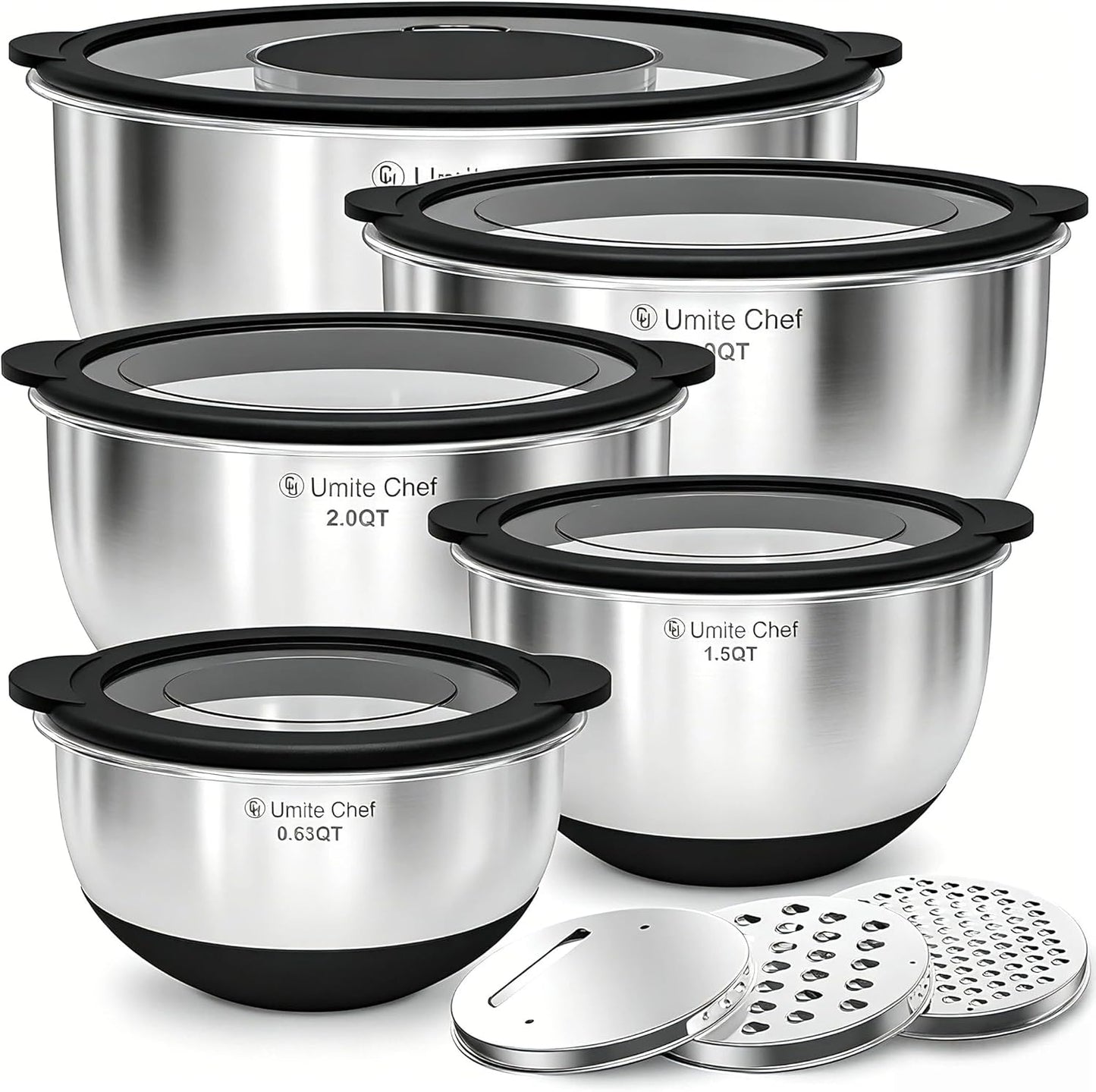 Mixing Bowles Set with Lids Set - Warp-Proof TPR-AS Lids, Stainless Steel Mixing Bowl with 3 Graters & Measuring Lines, Non-Slip Bowls for Baking, Prep, Airtight Food Storage (Khaki 5/3/2/1.5/0.63QT)