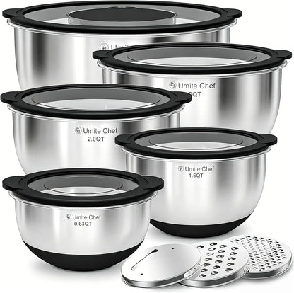 Mixing Bowles Set with Lids Set - Warp-Proof TPR-AS Lids, Stainless Steel Mixing Bowl with 3 Graters & Measuring Lines, Non-Slip Bowls for Baking, Prep, Airtight Food Storage (Khaki 5/3/2/1.5/0.63QT)
