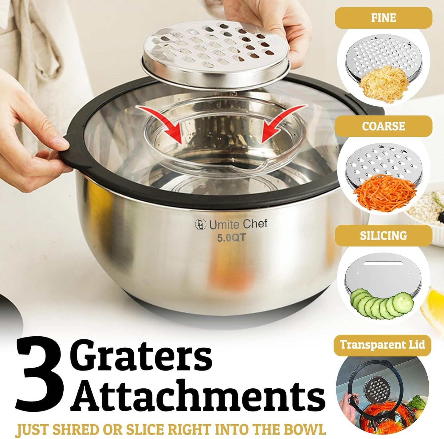Mixing Bowles Set with Lids Set - Warp-Proof TPR-AS Lids, Stainless Steel Mixing Bowl with 3 Graters & Measuring Lines, Non-Slip Bowls for Baking, Prep, Airtight Food Storage (Khaki 5/3/2/1.5/0.63QT)