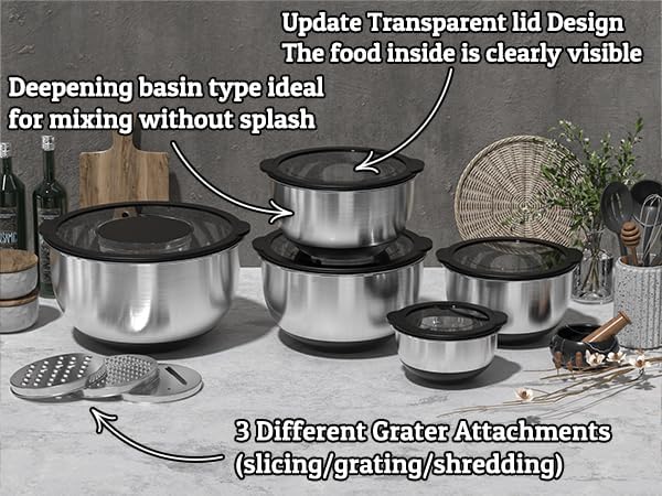 Mixing Bowles Set with Lids Set - Warp-Proof TPR-AS Lids, Stainless Steel Mixing Bowl with 3 Graters & Measuring Lines, Non-Slip Bowls for Baking, Prep, Airtight Food Storage (Khaki 5/3/2/1.5/0.63QT)