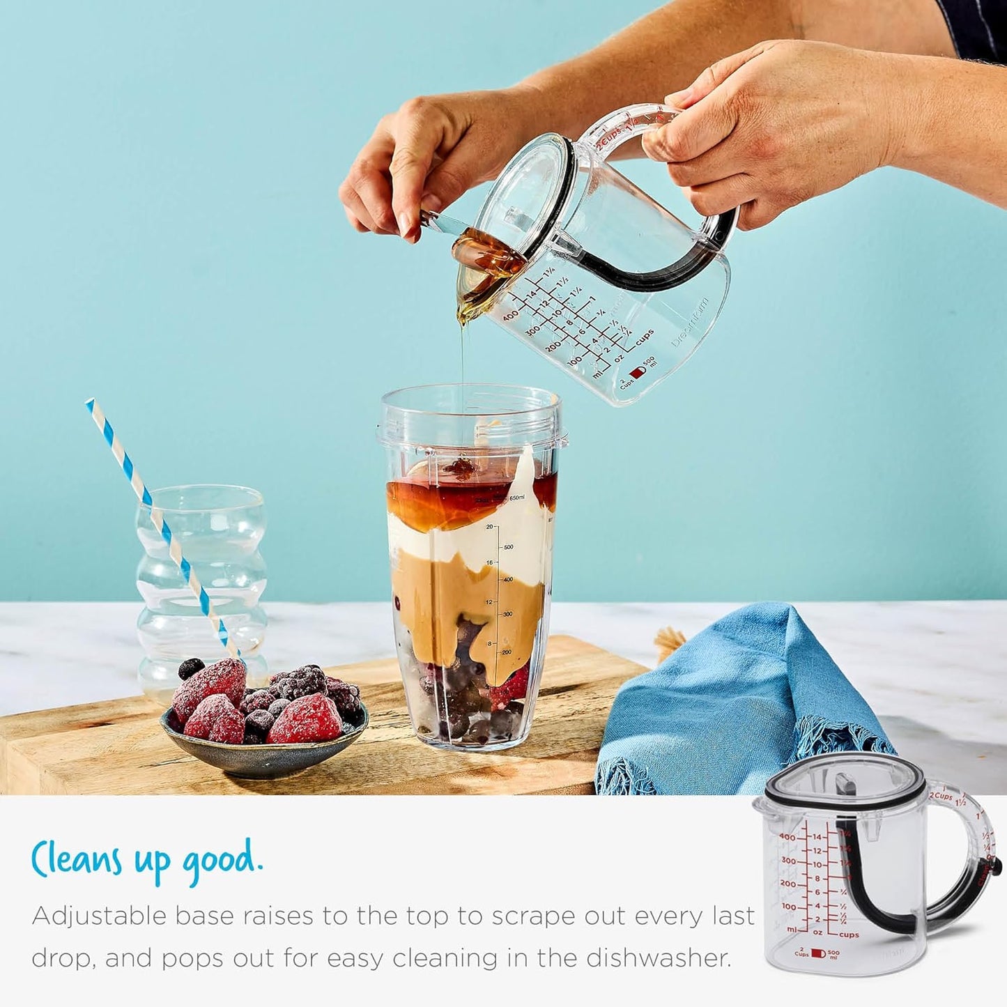 Upcup All-in-1 Adjustable Measuring Cup, Metric & Imperial Measurements up to 1 Cup - Black/Clear | Measures dry and liquid ingredients and scrapes itself clean, easy-to-read metric and imperial measurements, microwave safe