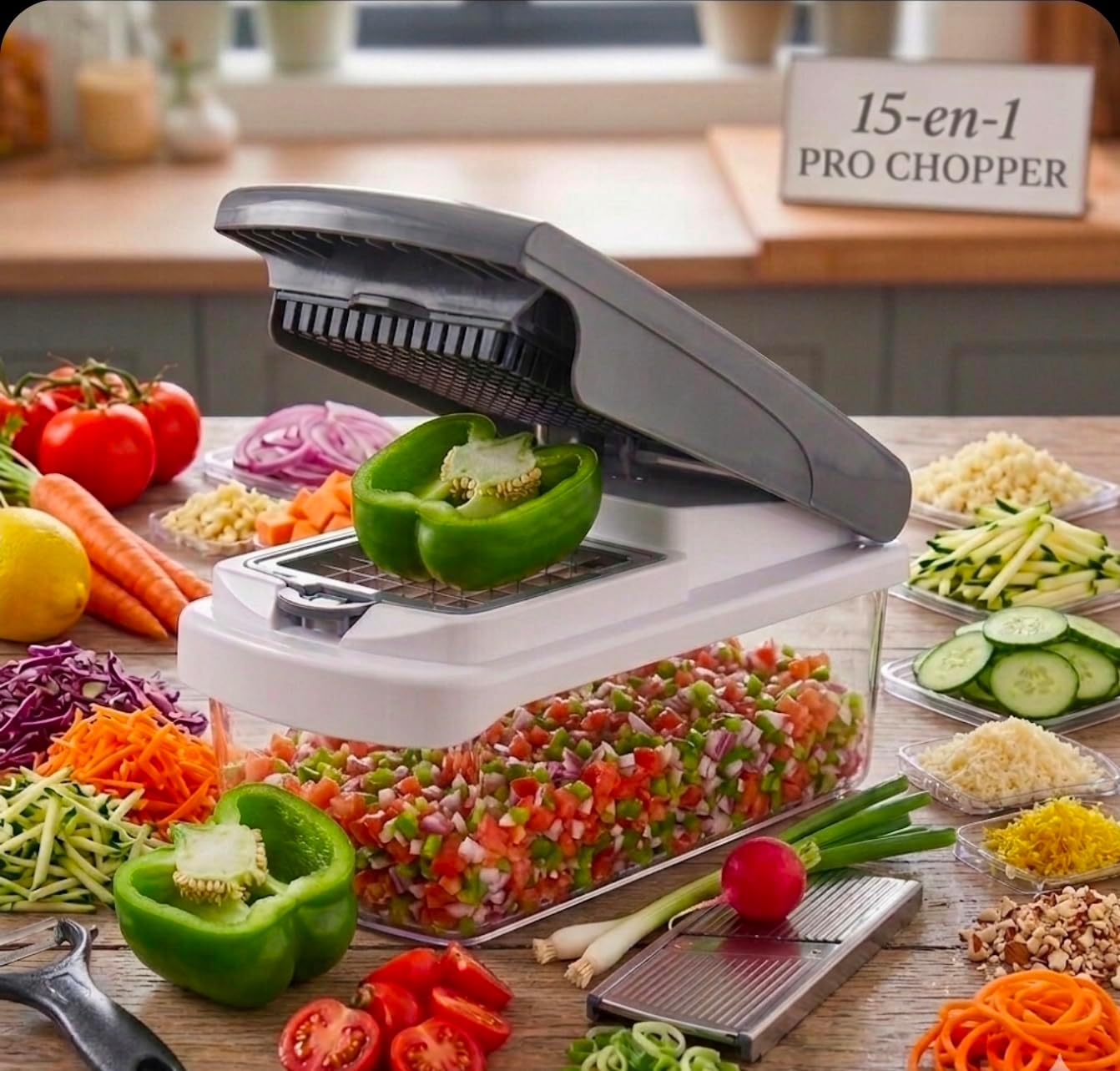 Pro 15-in-1 Vegetable Chopper & Mandoline Slicer - 2026 Upgraded Heavy Duty Dicer - Professional Food Cutter for a Variety of Fruits & Veggies - Sharp Stainless Steel Blades - Safety Guard