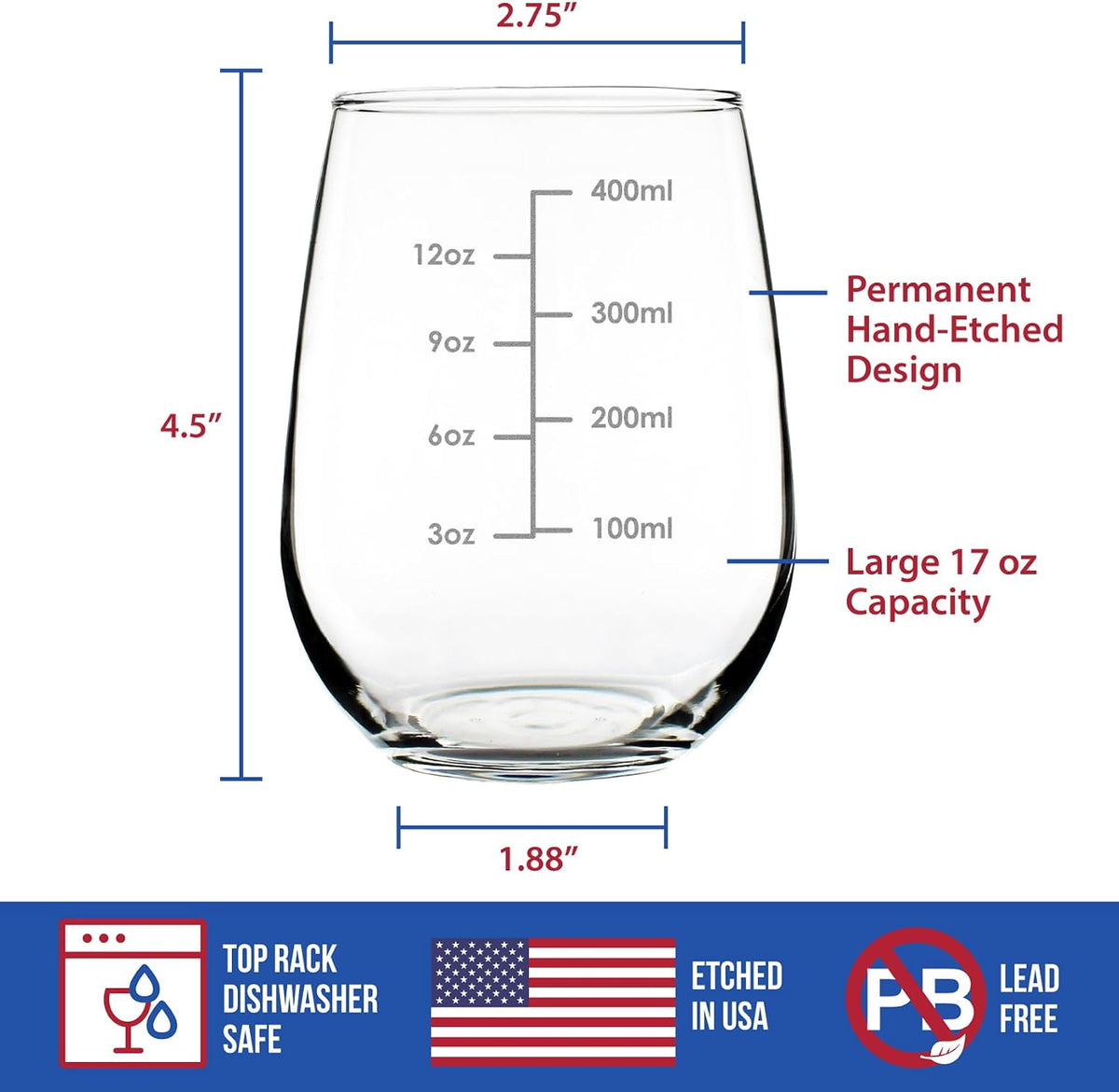 Wine Measuring Cup - Stemless Wine Glass - Engraved Measurement Lines for Portion Control - Ounces and Metric - Large 17 Ounce
