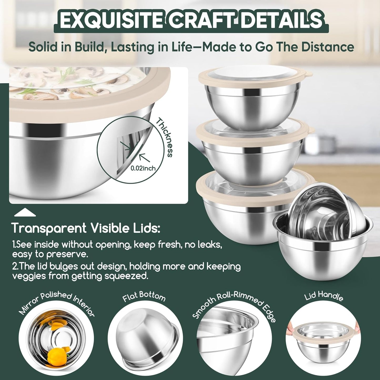 5-Piece Mixing Bowls with Airtight Clear Lids, 3 Grater Attachments, Stainless Steel Salad Bowls for Kitchen, Size 4.6, 3.5, 2.5, 2, 1.5QT Ideal for Baking, Prepping and Serving, Khaki