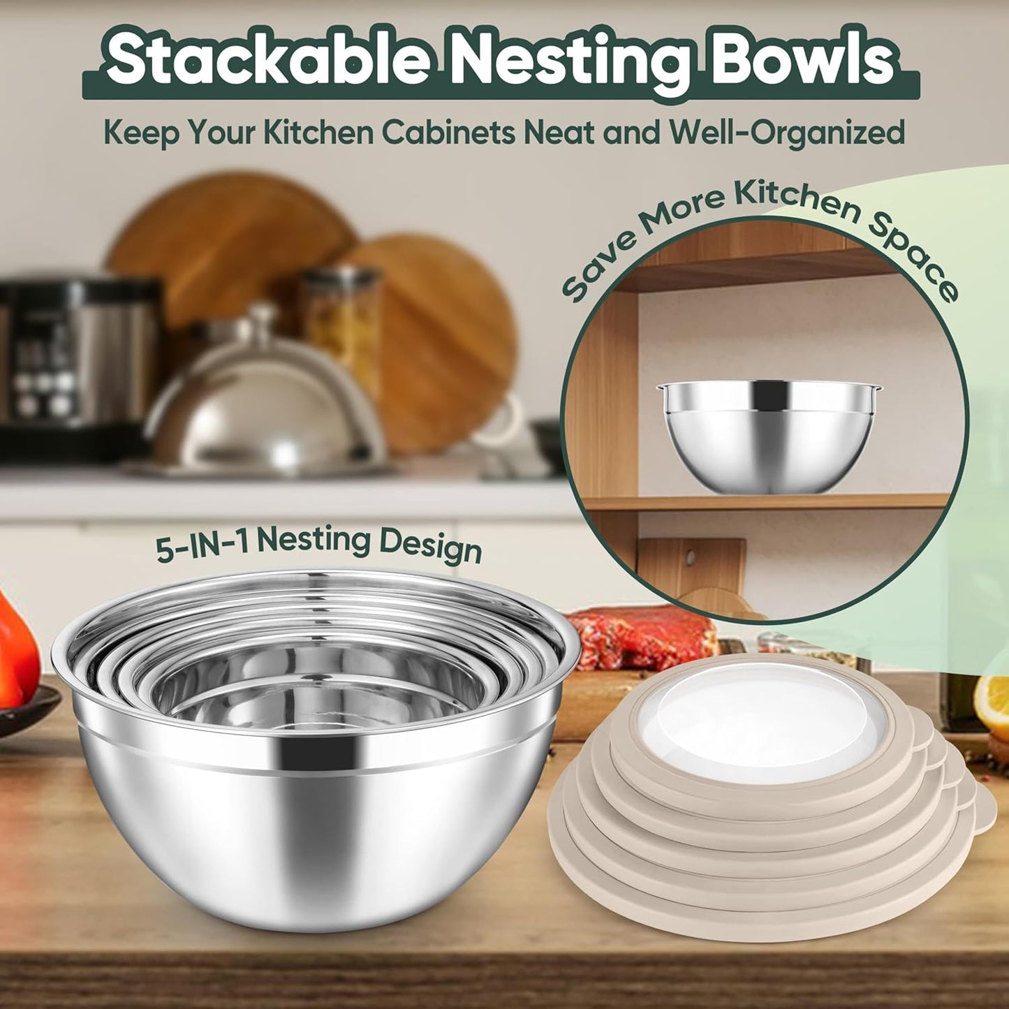 5-Piece Mixing Bowls with Airtight Clear Lids, 3 Grater Attachments, Stainless Steel Salad Bowls for Kitchen, Size 4.6, 3.5, 2.5, 2, 1.5QT Ideal for Baking, Prepping and Serving, Khaki