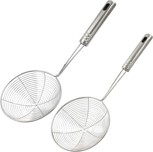 Set of 2 Stainless Steel Spider Strainer Skimmer Pasta Strainer Spoon for Frying and Cooking, Asian Strainer Ladle with Long Handle, 4.7" & 5.5" Dia.