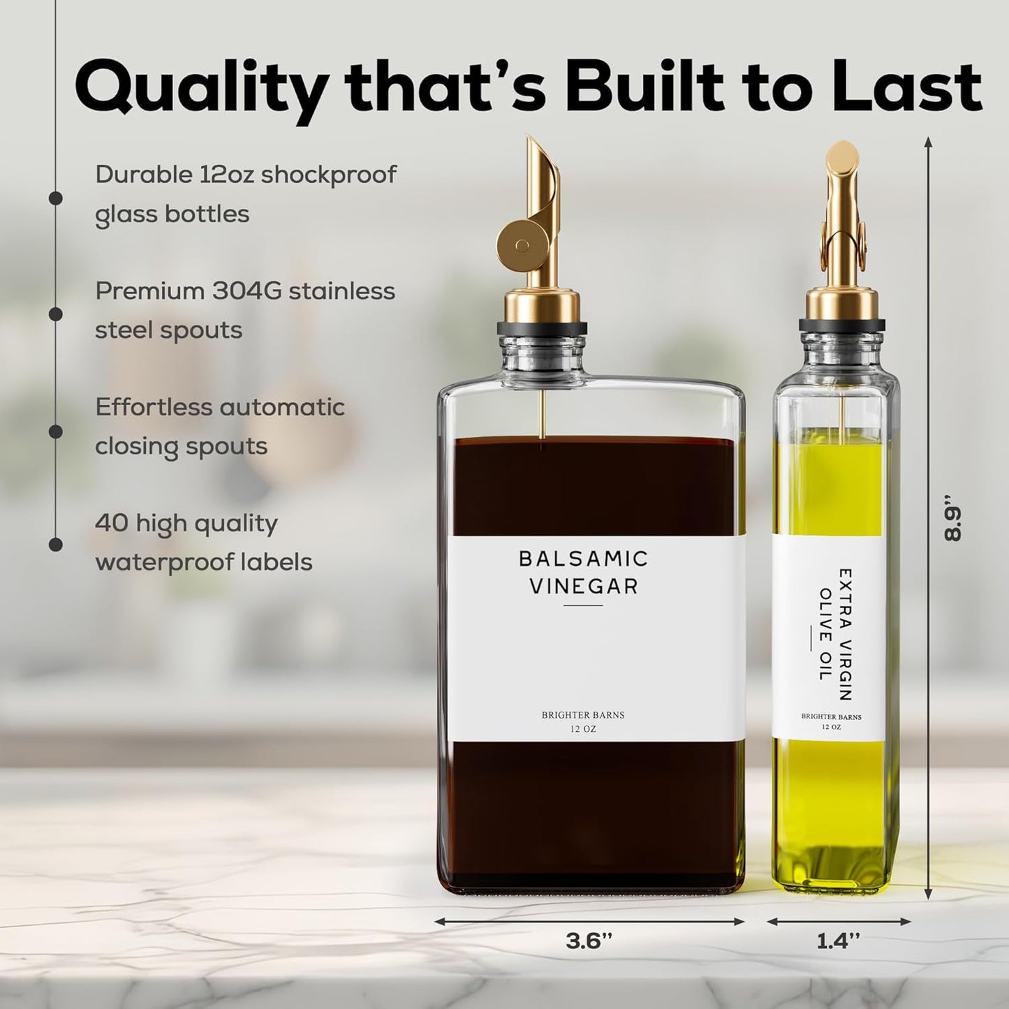 Glass Olive Oil Dispenser Bottle for Kitchen - Coffee Syrup Dispenser, Oil and Vinegar Bottle - Modern Kitchen Essentials for Restaurants, Coffee Bar, Airbnb (Clear/Gold, Set of 2)
