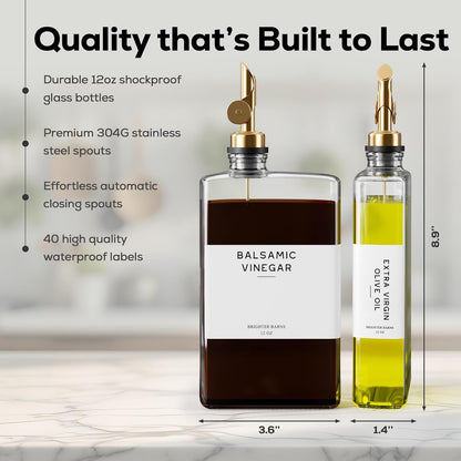 Glass Olive Oil Dispenser Bottle for Kitchen - Coffee Syrup Dispenser, Oil and Vinegar Bottle - Modern Kitchen Essentials for Restaurants, Coffee Bar, Airbnb (Clear/Gold, Set of 2)