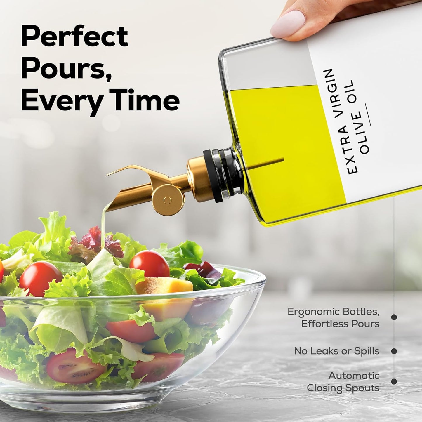 Glass Olive Oil Dispenser Bottle for Kitchen - Coffee Syrup Dispenser, Oil and Vinegar Bottle - Modern Kitchen Essentials for Restaurants, Coffee Bar, Airbnb (Clear/Gold, Set of 2)