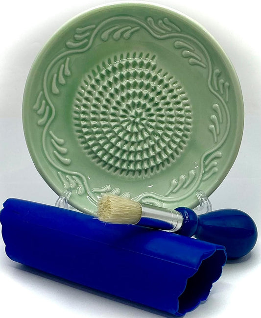 Premium Ceramic Garlic Grater Plate Set - Turquoise Floral Edge | Includes 5" Plate, Peeler, Brush, and Stand - For Strawberries, Ginger, Chocolate, Cheese, and more - Make your own puree!