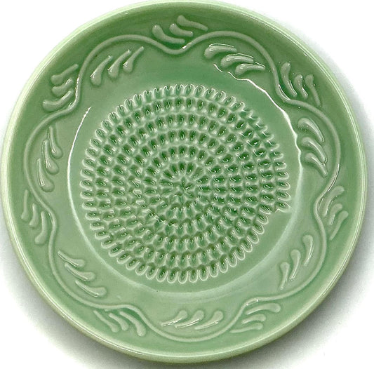 Premium Ceramic Garlic Grater Plate Set - Turquoise Floral Edge | Includes 5" Plate, Peeler, Brush, and Stand - For Strawberries, Ginger, Chocolate, Cheese, and more - Make your own puree!
