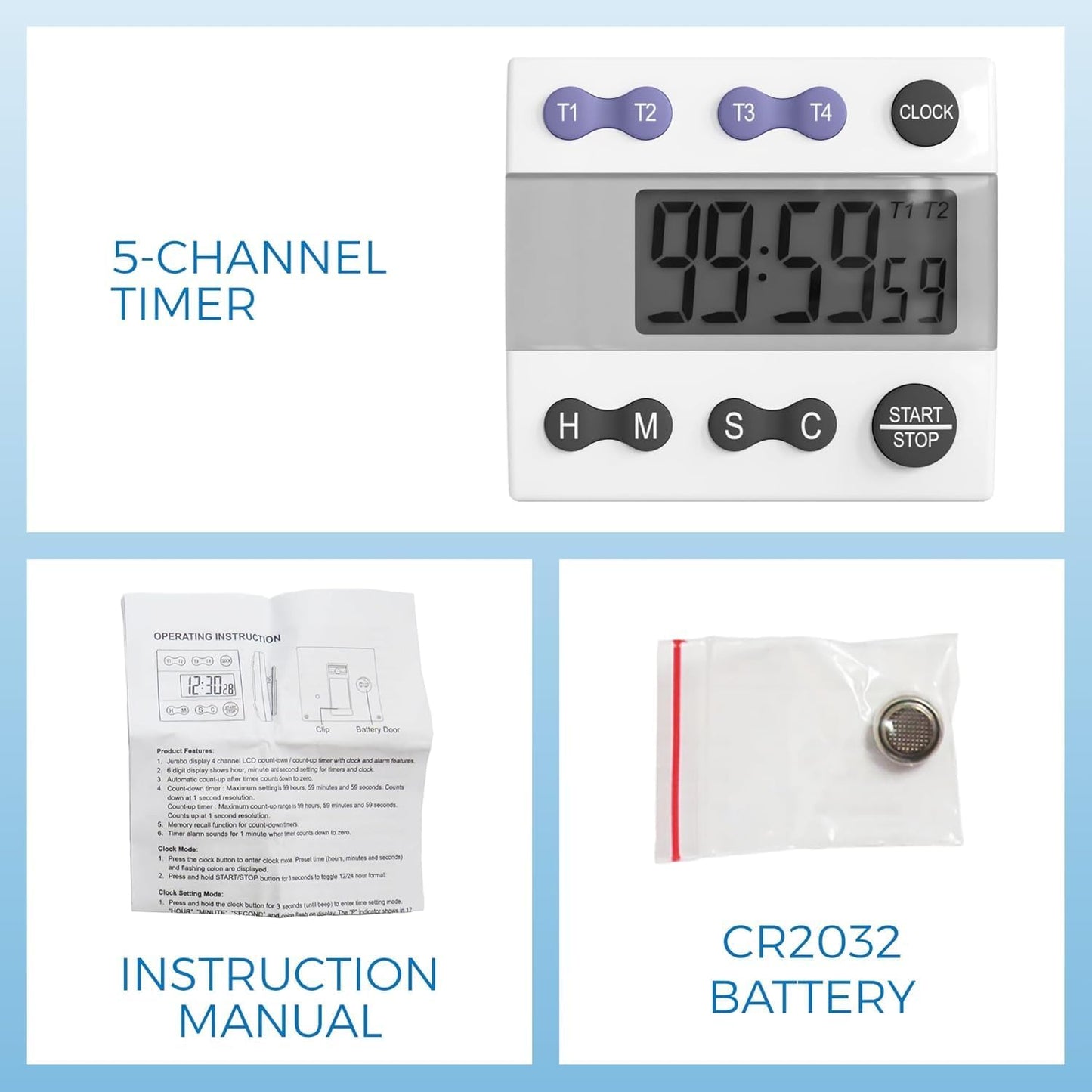 Portable Digital Kitchen Timer 810015 for Cooking and Baking with Loud Alarm, 4 Channel Timer, Large Display Digital Lab and Cooking Timer, Classroom Timer for Teachers and Students
