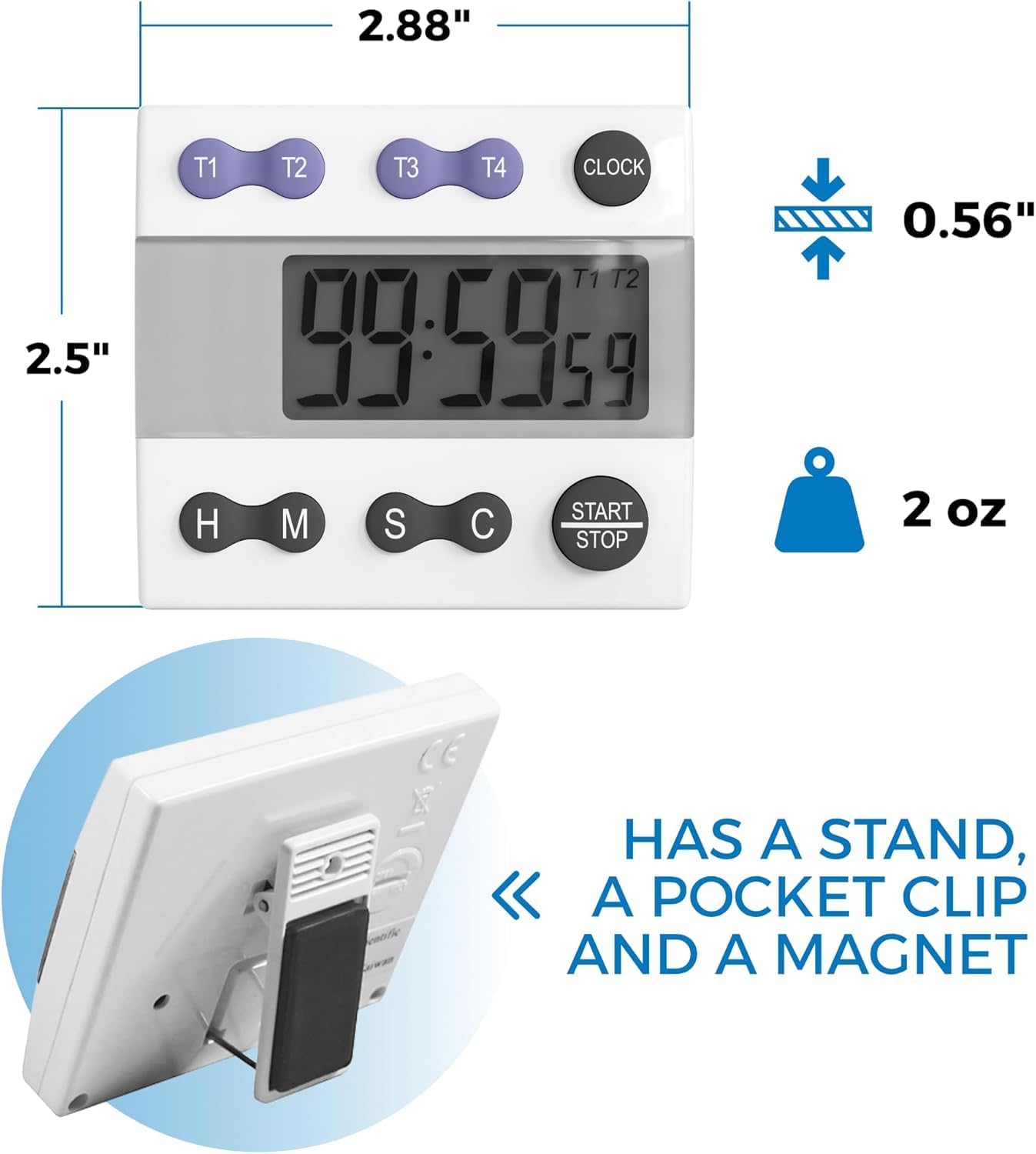 Portable Digital Kitchen Timer 810015 for Cooking and Baking with Loud Alarm, 4 Channel Timer, Large Display Digital Lab and Cooking Timer, Classroom Timer for Teachers and Students