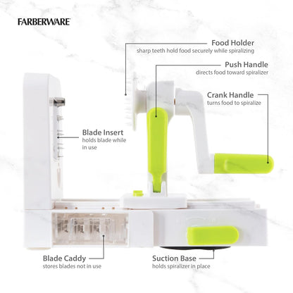 Professional Foldable Fruit And Vegetable Spiralizer Slicer Easy Store Fold And Lock With 4 Blades And Built In Blade Storage Caddy, White