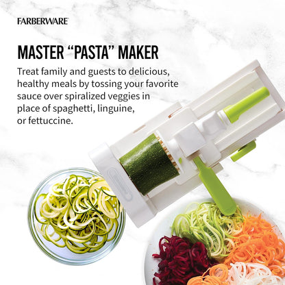 Professional Foldable Fruit And Vegetable Spiralizer Slicer Easy Store Fold And Lock With 4 Blades And Built In Blade Storage Caddy, White