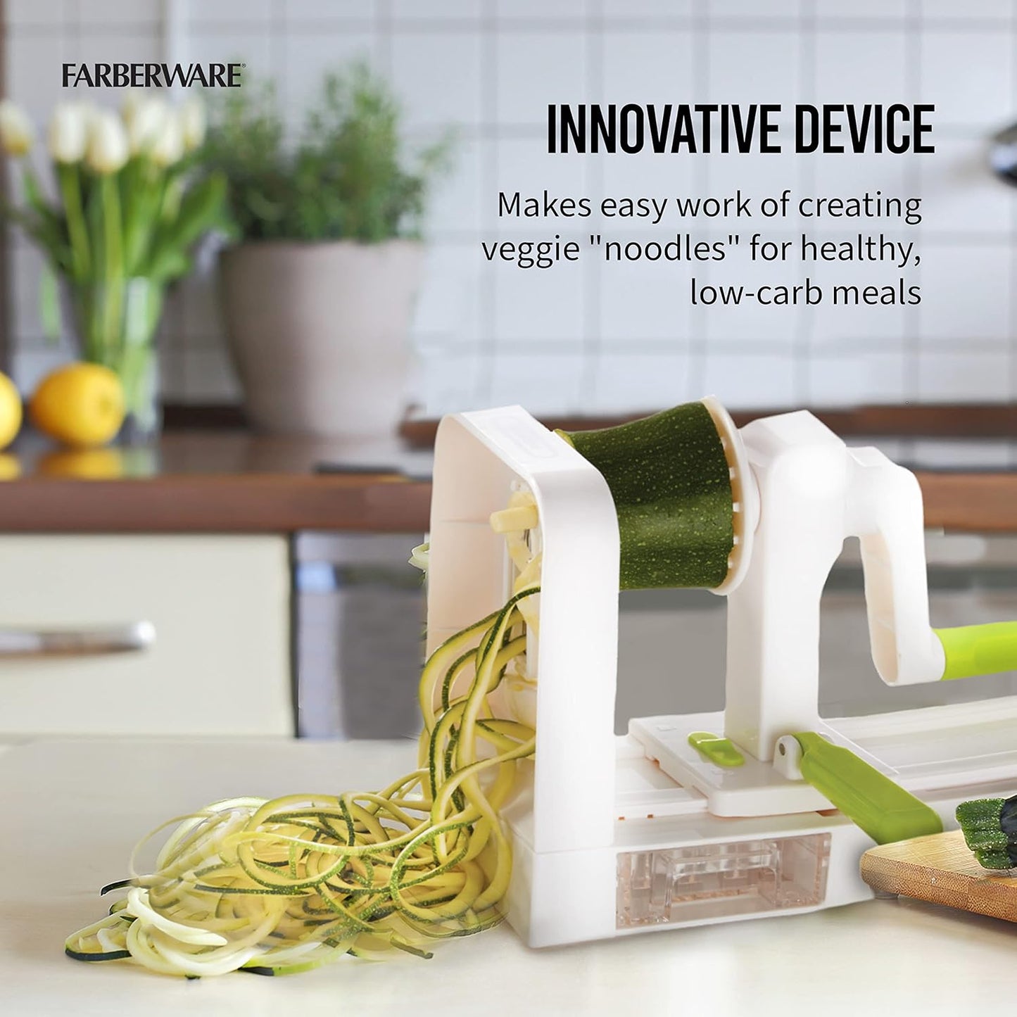 Professional Foldable Fruit And Vegetable Spiralizer Slicer Easy Store Fold And Lock With 4 Blades And Built In Blade Storage Caddy, White