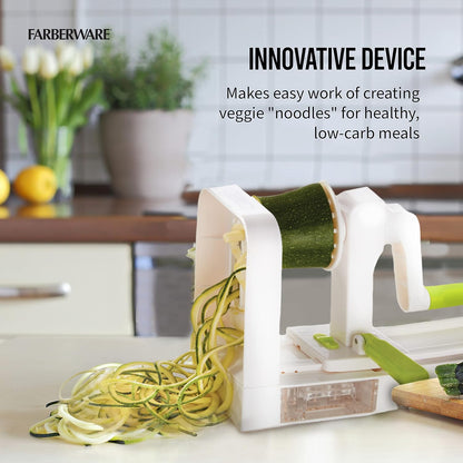 Professional Foldable Fruit And Vegetable Spiralizer Slicer Easy Store Fold And Lock With 4 Blades And Built In Blade Storage Caddy, White
