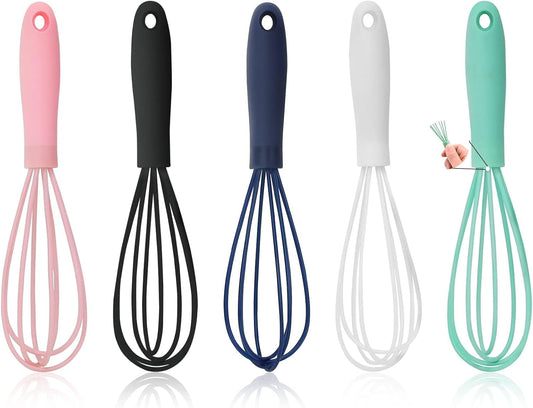 5 Pcs Silicone Mini Whisk,Stainless Steel Dough Small Whisk | Non Stick Hand Tiny Balloon Wire Whisk, Milk Egg Frother for Blending, Whisking, Beating, Stirring, Baking