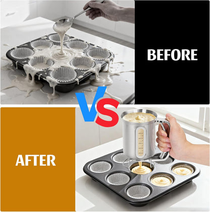 30 OZ Pancake Batter Dispenser with Viewing Window Stainless Steel Batter Dispenser for Baking Cupcakes,Muffins,Cooking,Crepes,Waffles (Stainless Steel)