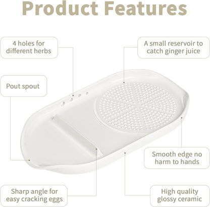 4 in 1 Ceramic Garlic Grater with Egg Cracker,Spoon Rest and Herb Stripper, Ginger Grater Plate for Grinding Wasabi Fruits Vegetables Ginger Garlic Cheese(6.76inx3.7in)