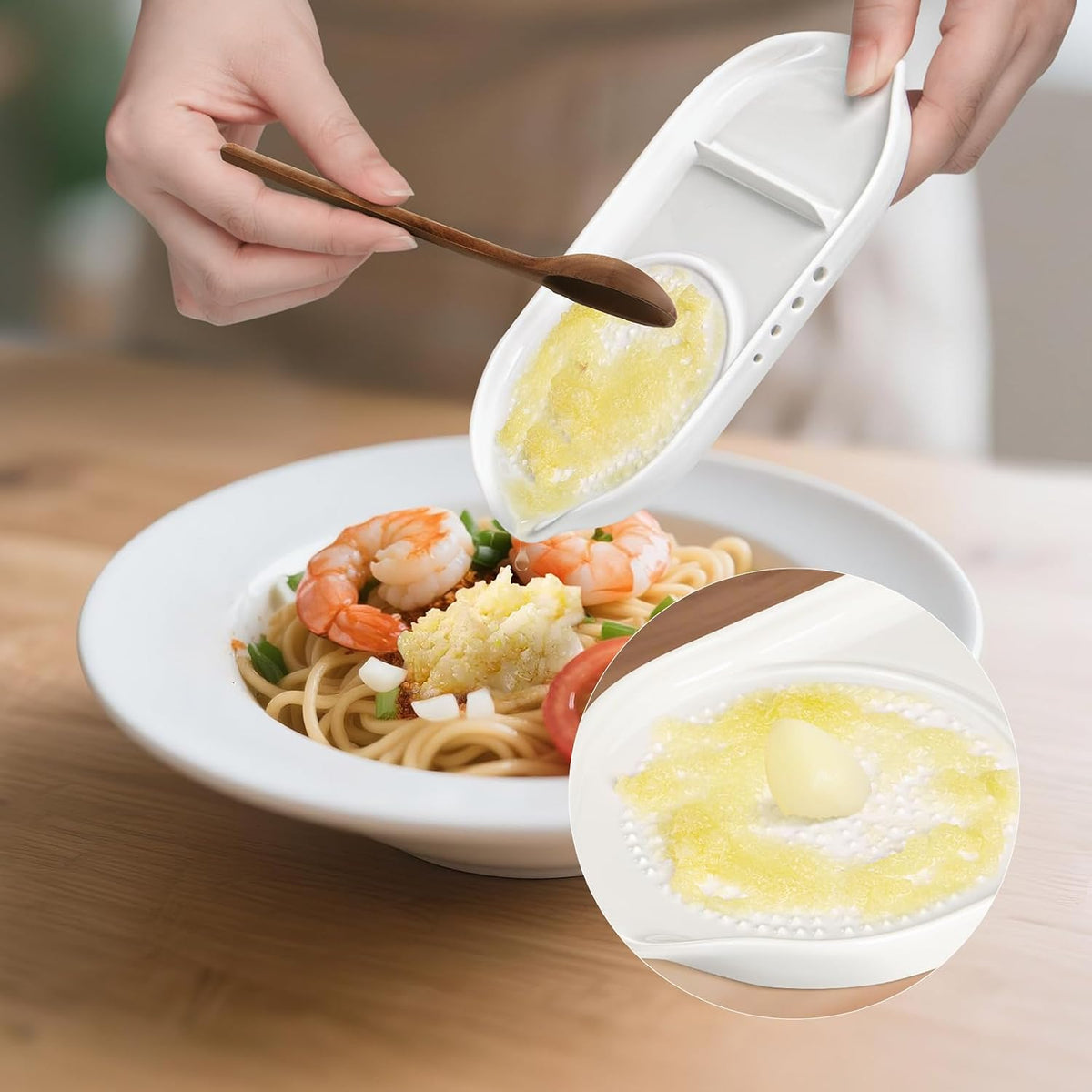 4 in 1 Ceramic Garlic Grater with Egg Cracker,Spoon Rest and Herb Stripper, Ginger Grater Plate for Grinding Wasabi Fruits Vegetables Ginger Garlic Cheese(6.76inx3.7in)
