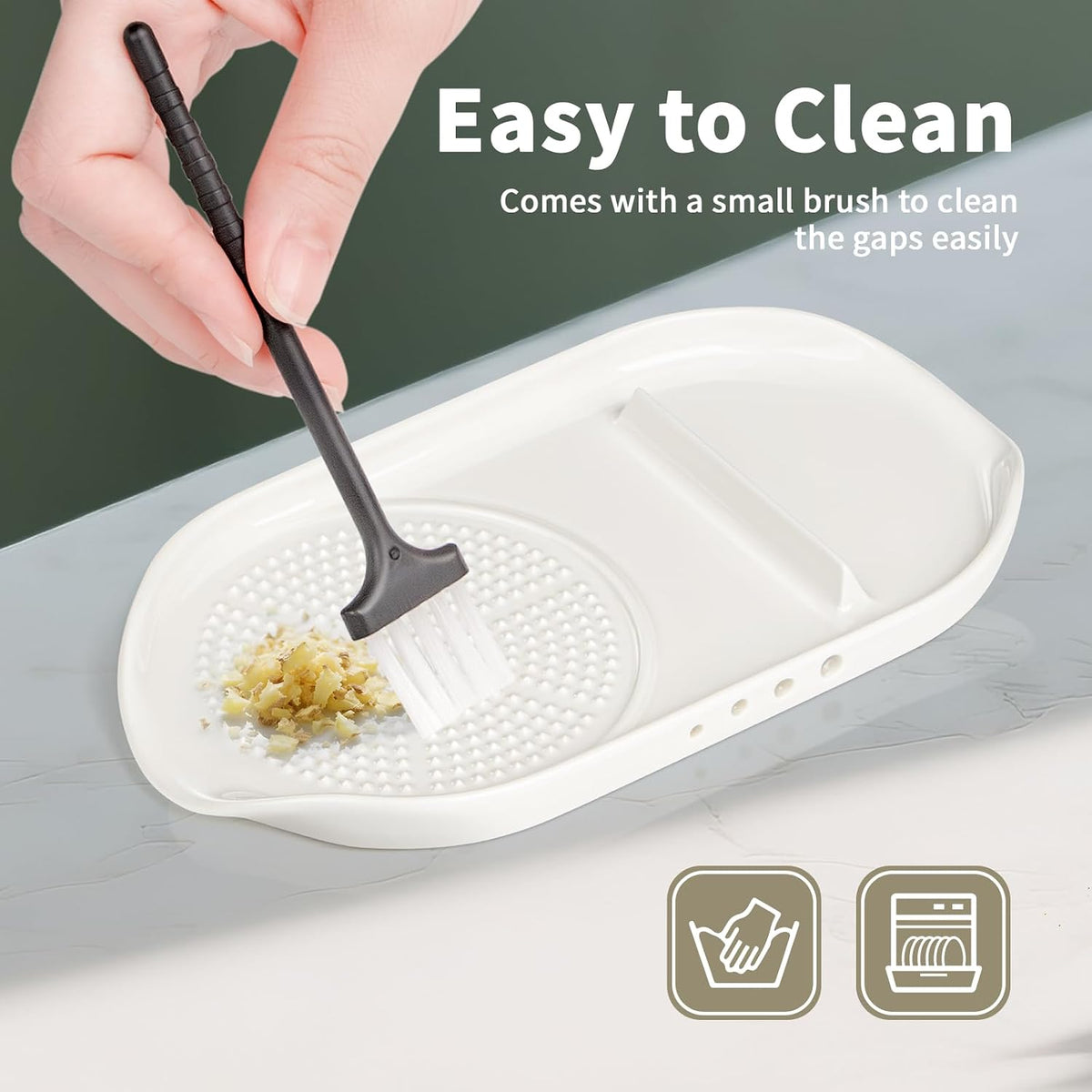 4 in 1 Ceramic Garlic Grater with Egg Cracker,Spoon Rest and Herb Stripper, Ginger Grater Plate for Grinding Wasabi Fruits Vegetables Ginger Garlic Cheese(6.76inx3.7in)