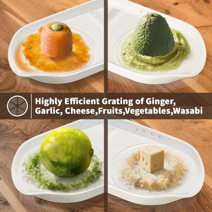 4 in 1 Ceramic Garlic Grater with Egg Cracker,Spoon Rest and Herb Stripper, Ginger Grater Plate for Grinding Wasabi Fruits Vegetables Ginger Garlic Cheese(6.76inx3.7in)