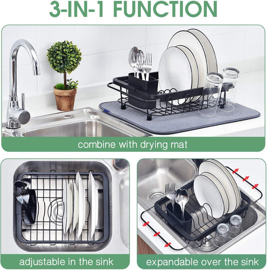 Expandable Dish Drying Rack Over The Sink Adjustable Dish Rack in Sink Or On Counter Dish Drainer with Utensil Holder Rustproof for Kitchen
