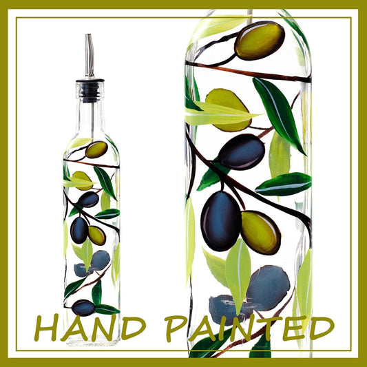 17oz Hand Painted Glass Olive Oil Bottle Dispenser- 500ml Green Oil & Vinegar Cruet with Pourers - Olive Oil Carafe Decanter for Kitchen (olive1)