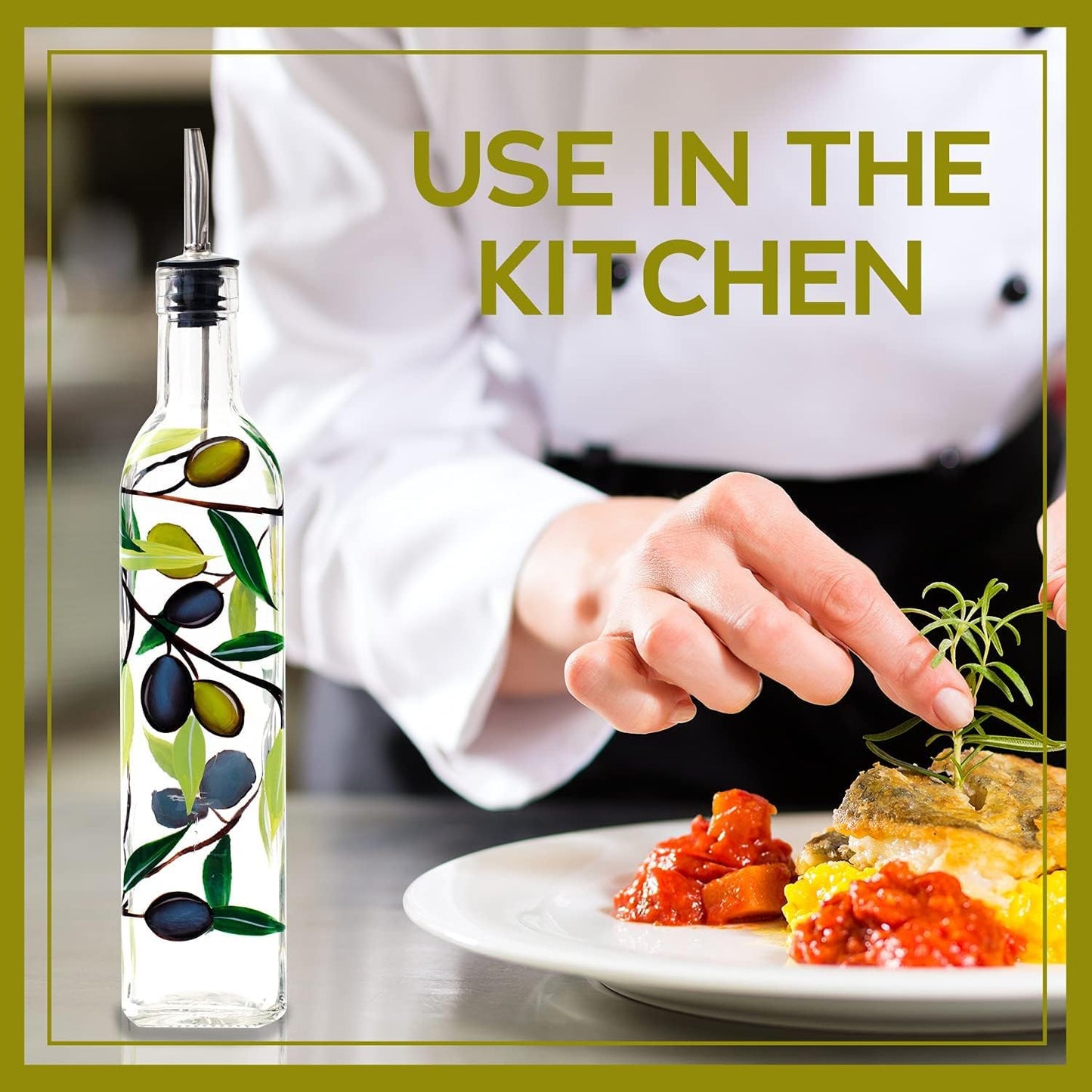 17oz Hand Painted Glass Olive Oil Bottle Dispenser- 500ml Green Oil & Vinegar Cruet with Pourers - Olive Oil Carafe Decanter for Kitchen (olive1)