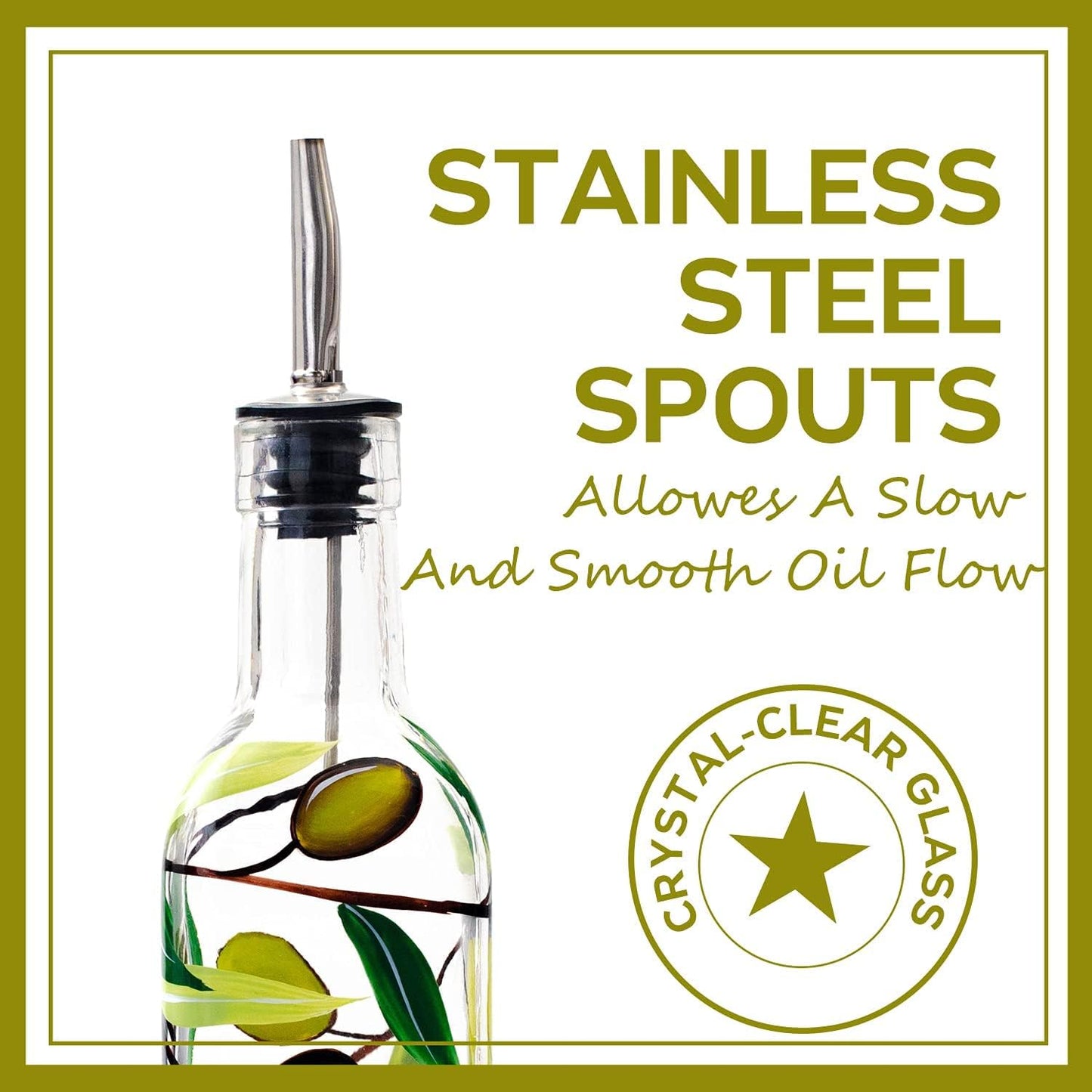 17oz Hand Painted Glass Olive Oil Bottle Dispenser- 500ml Green Oil & Vinegar Cruet with Pourers - Olive Oil Carafe Decanter for Kitchen (olive1)