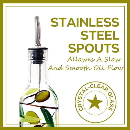 17oz Hand Painted Glass Olive Oil Bottle Dispenser- 500ml Green Oil & Vinegar Cruet with Pourers - Olive Oil Carafe Decanter for Kitchen (olive1)