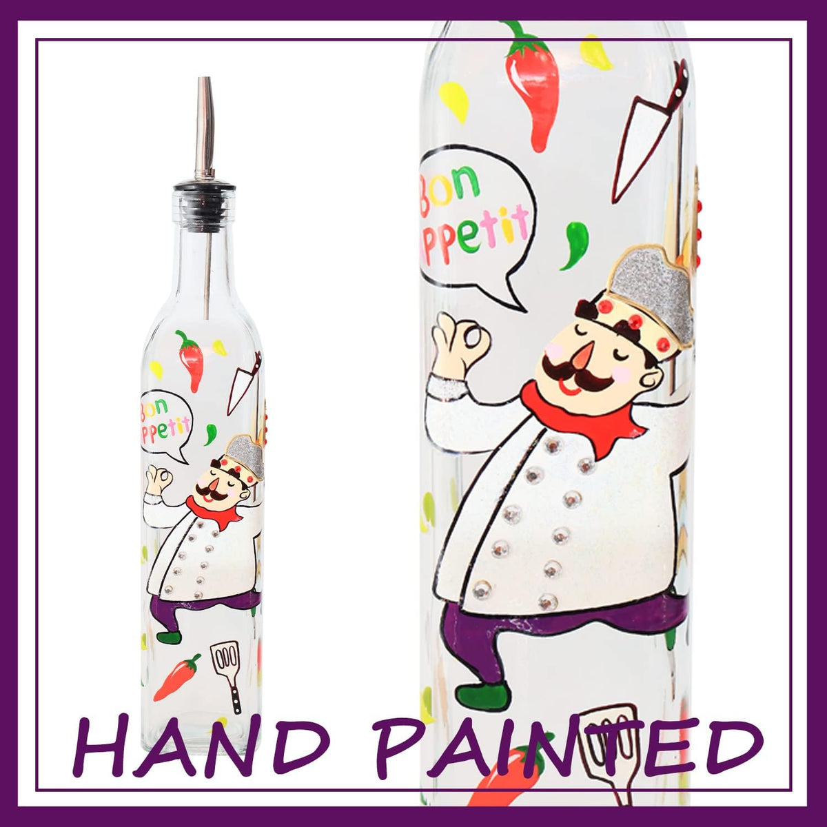 17oz Hand Painted Glass Olive Oil Bottle Dispenser- 500ml Green Oil & Vinegar Cruet with Pourers - Olive Oil Carafe Decanter for Kitchen (olive1)