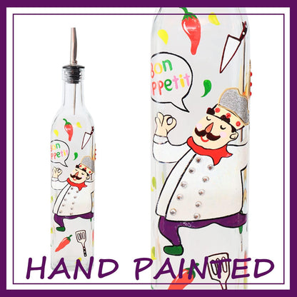 17oz Hand Painted Glass Olive Oil Bottle Dispenser- 500ml Green Oil & Vinegar Cruet with Pourers - Olive Oil Carafe Decanter for Kitchen (olive1)
