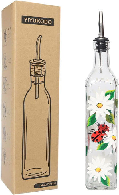 17oz Hand Painted Glass Olive Oil Bottle Dispenser- 500ml Green Oil & Vinegar Cruet with Pourers - Olive Oil Carafe Decanter for Kitchen (olive1)