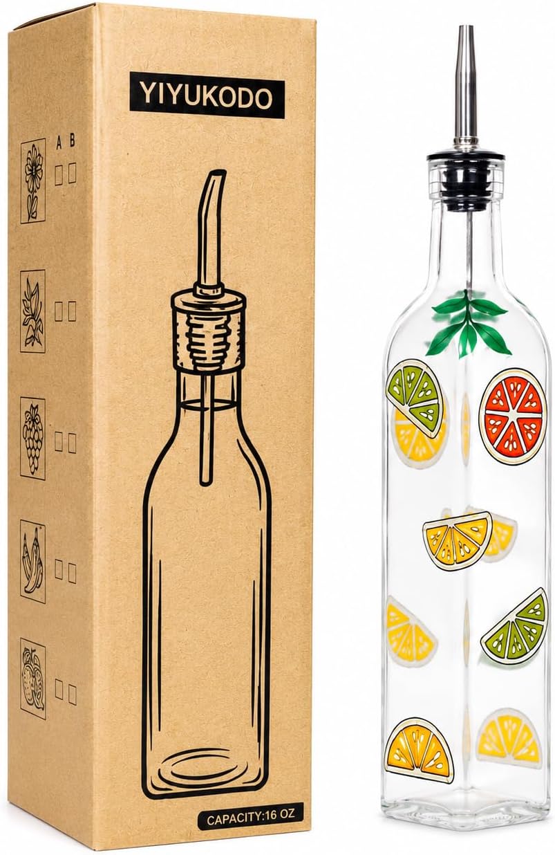 17oz Hand Painted Glass Olive Oil Bottle Dispenser- 500ml Green Oil & Vinegar Cruet with Pourers - Olive Oil Carafe Decanter for Kitchen (olive1)