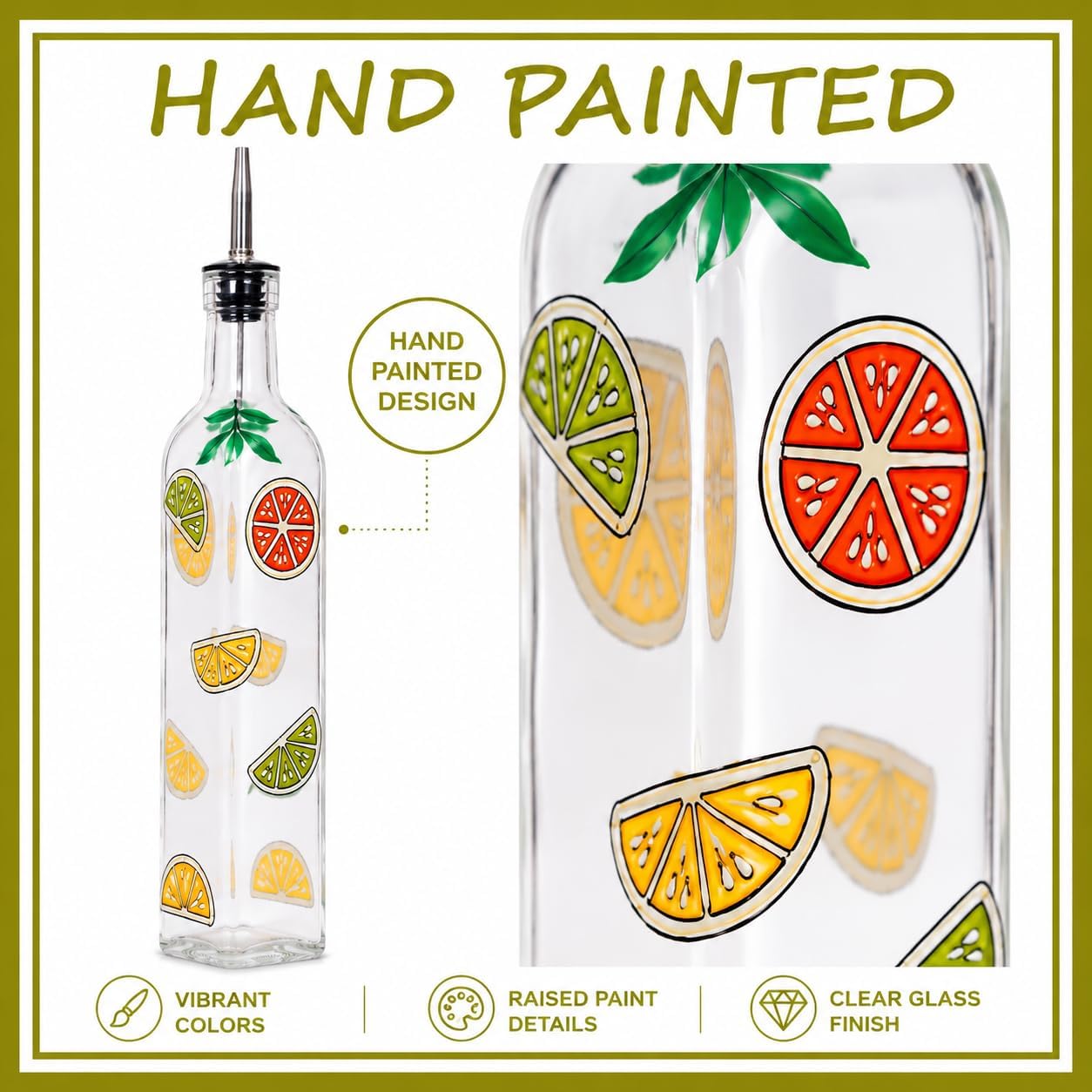 17oz Hand Painted Glass Olive Oil Bottle Dispenser- 500ml Green Oil & Vinegar Cruet with Pourers - Olive Oil Carafe Decanter for Kitchen (olive1)