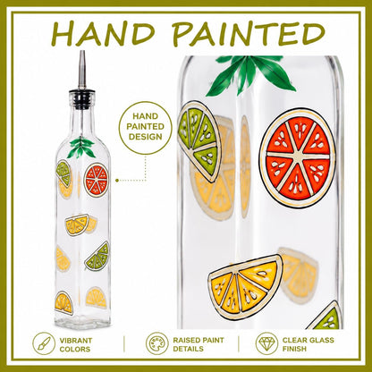 17oz Hand Painted Glass Olive Oil Bottle Dispenser- 500ml Green Oil & Vinegar Cruet with Pourers - Olive Oil Carafe Decanter for Kitchen (olive1)
