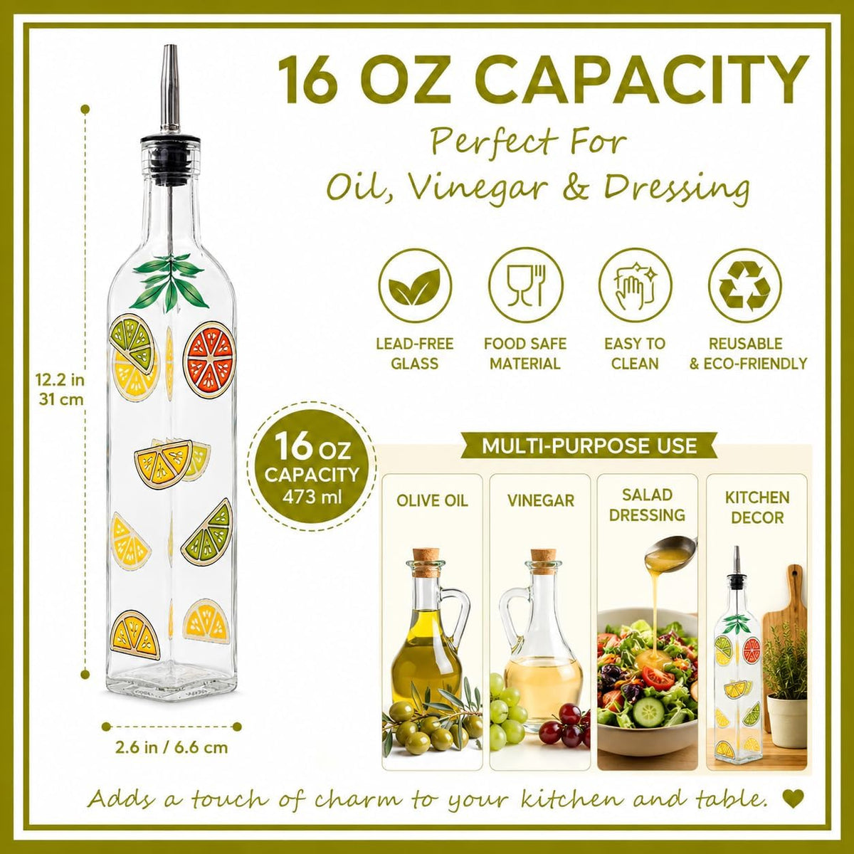 17oz Hand Painted Glass Olive Oil Bottle Dispenser- 500ml Green Oil & Vinegar Cruet with Pourers - Olive Oil Carafe Decanter for Kitchen (olive1)