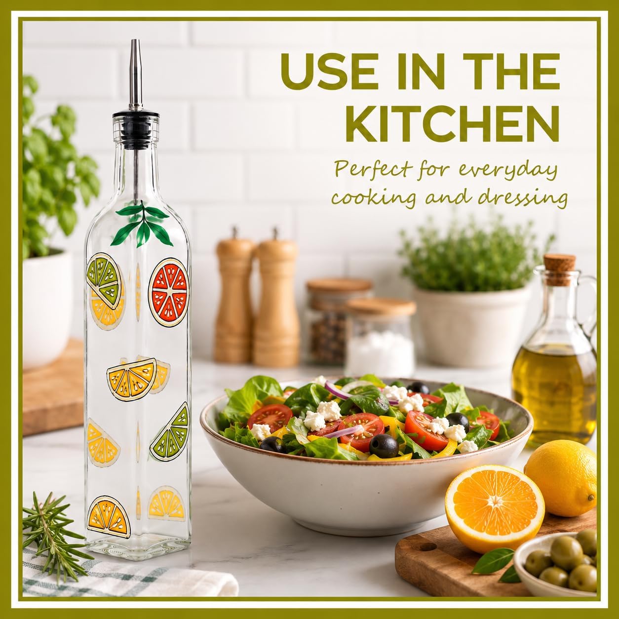 17oz Hand Painted Glass Olive Oil Bottle Dispenser- 500ml Green Oil & Vinegar Cruet with Pourers - Olive Oil Carafe Decanter for Kitchen (olive1)
