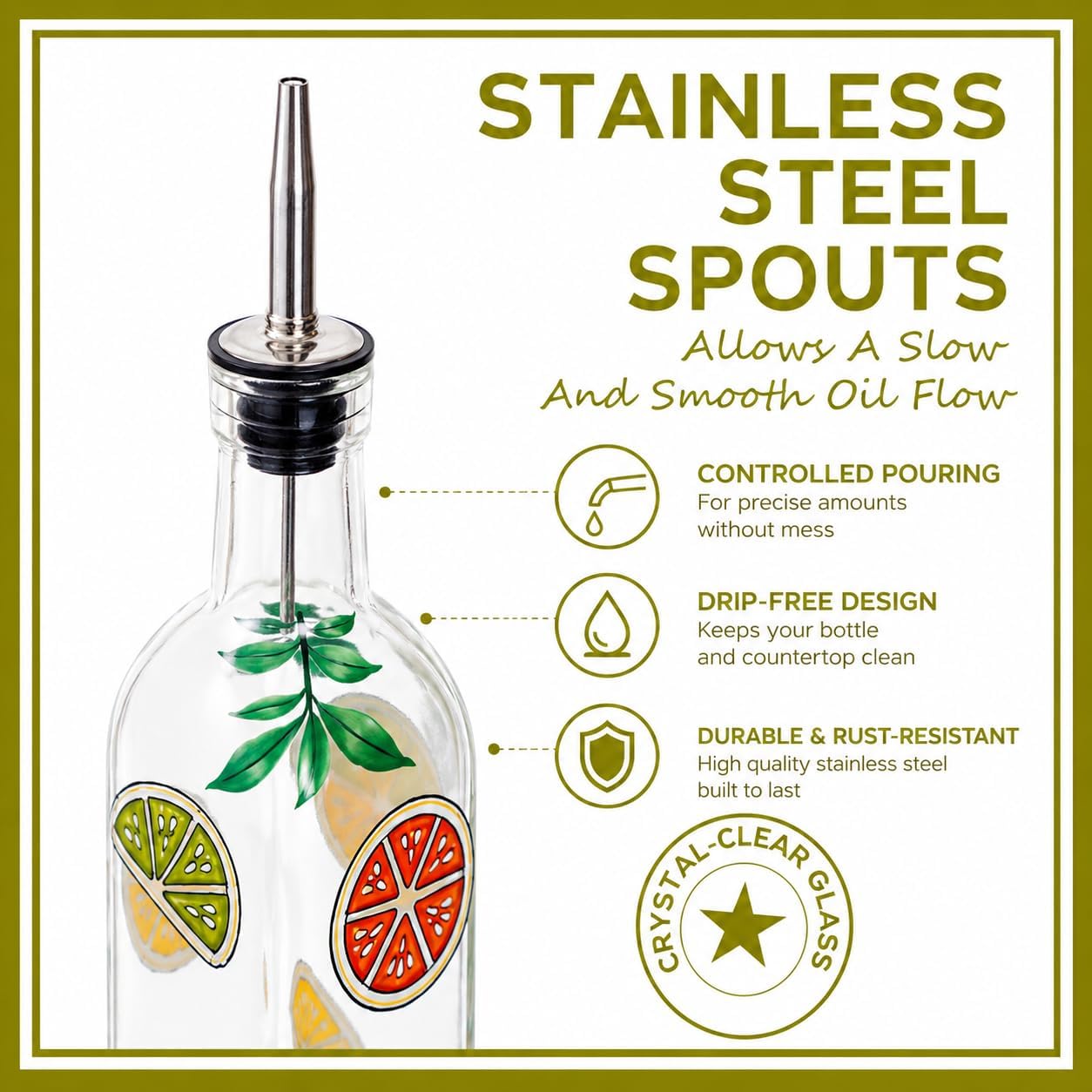 17oz Hand Painted Glass Olive Oil Bottle Dispenser- 500ml Green Oil & Vinegar Cruet with Pourers - Olive Oil Carafe Decanter for Kitchen (olive1)