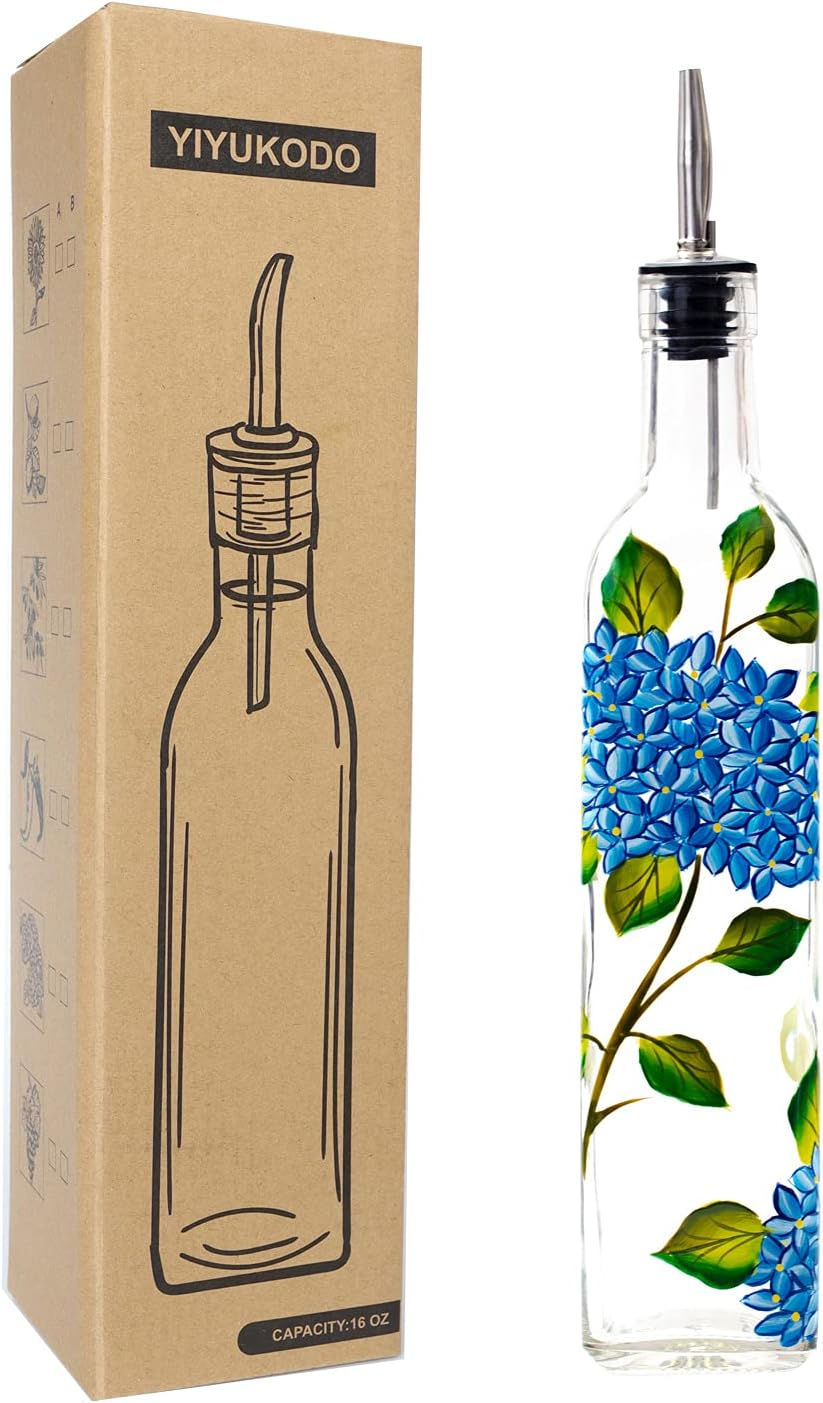 17oz Hand Painted Glass Olive Oil Bottle Dispenser- 500ml Green Oil & Vinegar Cruet with Pourers - Olive Oil Carafe Decanter for Kitchen (olive1)