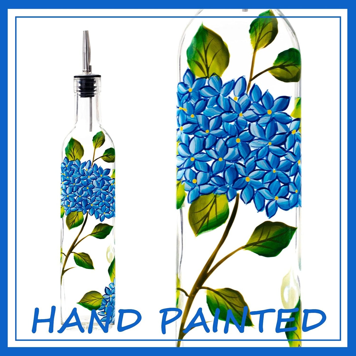 17oz Hand Painted Glass Olive Oil Bottle Dispenser- 500ml Green Oil & Vinegar Cruet with Pourers - Olive Oil Carafe Decanter for Kitchen (olive1)