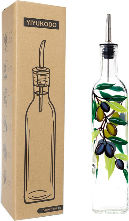 17oz Hand Painted Glass Olive Oil Bottle Dispenser- 500ml Green Oil & Vinegar Cruet with Pourers - Olive Oil Carafe Decanter for Kitchen (olive1)