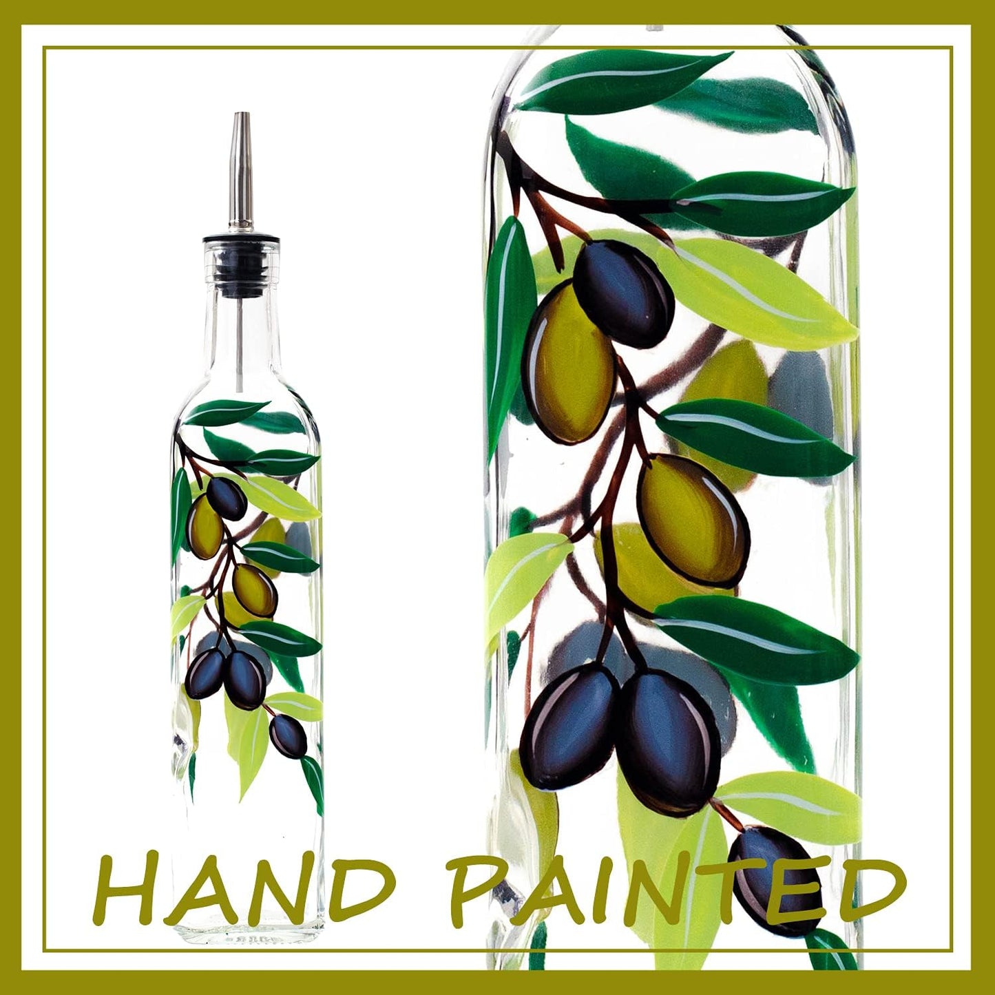 17oz Hand Painted Glass Olive Oil Bottle Dispenser- 500ml Green Oil & Vinegar Cruet with Pourers - Olive Oil Carafe Decanter for Kitchen (olive1)