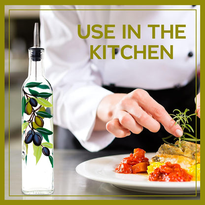 17oz Hand Painted Glass Olive Oil Bottle Dispenser- 500ml Green Oil & Vinegar Cruet with Pourers - Olive Oil Carafe Decanter for Kitchen (olive1)