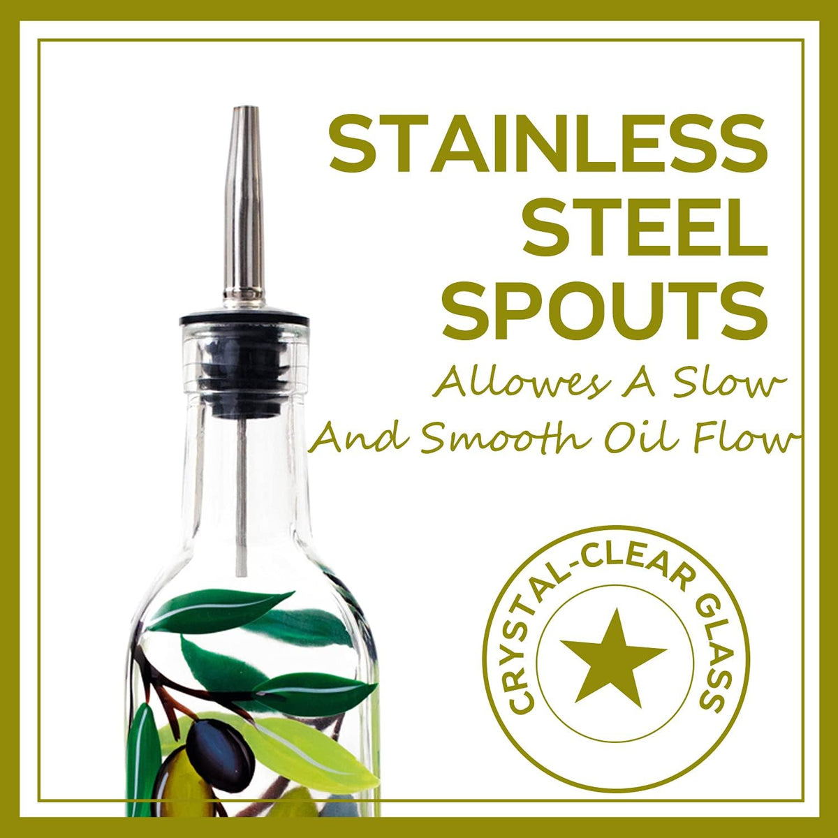 17oz Hand Painted Glass Olive Oil Bottle Dispenser- 500ml Green Oil & Vinegar Cruet with Pourers - Olive Oil Carafe Decanter for Kitchen (olive1)
